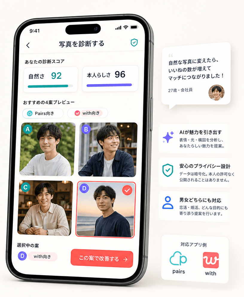 4案プレビューと自然さスコアを表示するMatchShotのスマホUI